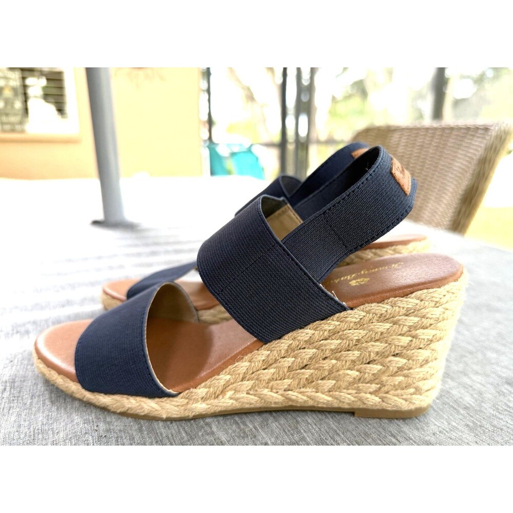 Tommy Bahama Sz 7.5 Navy Wedge Sakura Sandals Elastic Espadrilles Beachy Resort